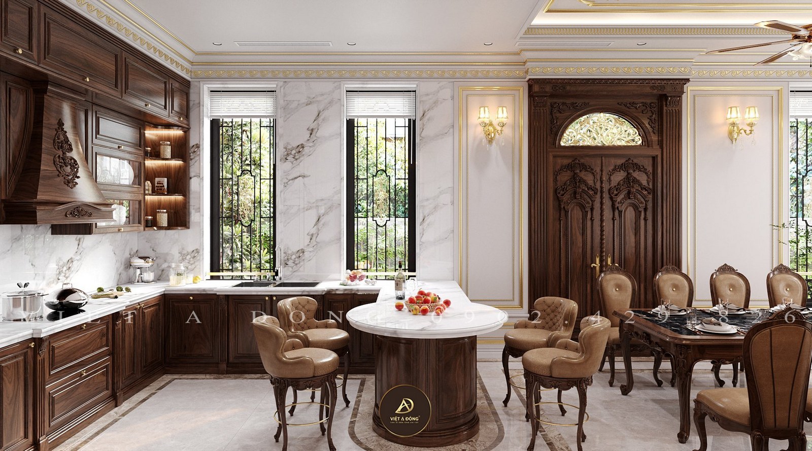 trang trí tủ bếp gỗ óc chó