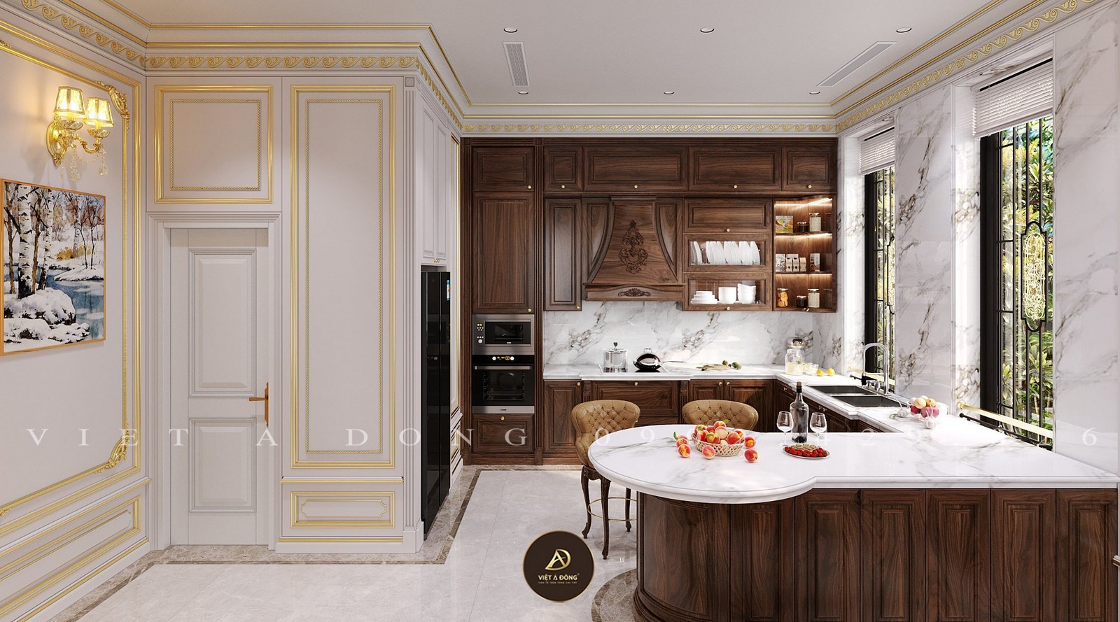 tủ bếp gỗ óc chó tân cổ điển