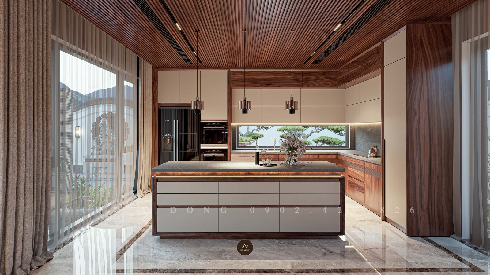 phòng bếp gỗ óc chó