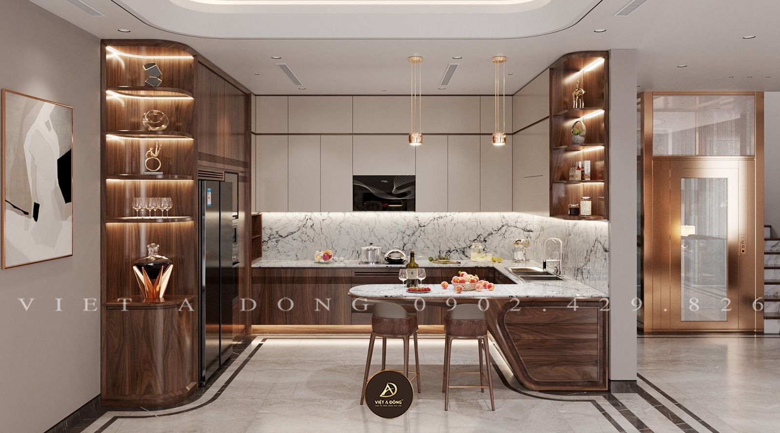 Tủ bếp gỗ óc chó hình chữ U