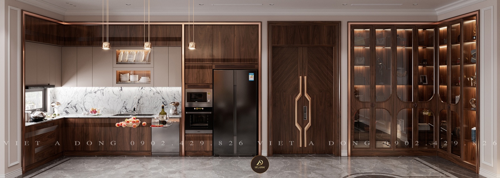 tủ rượu âm tường gỗ óc chó