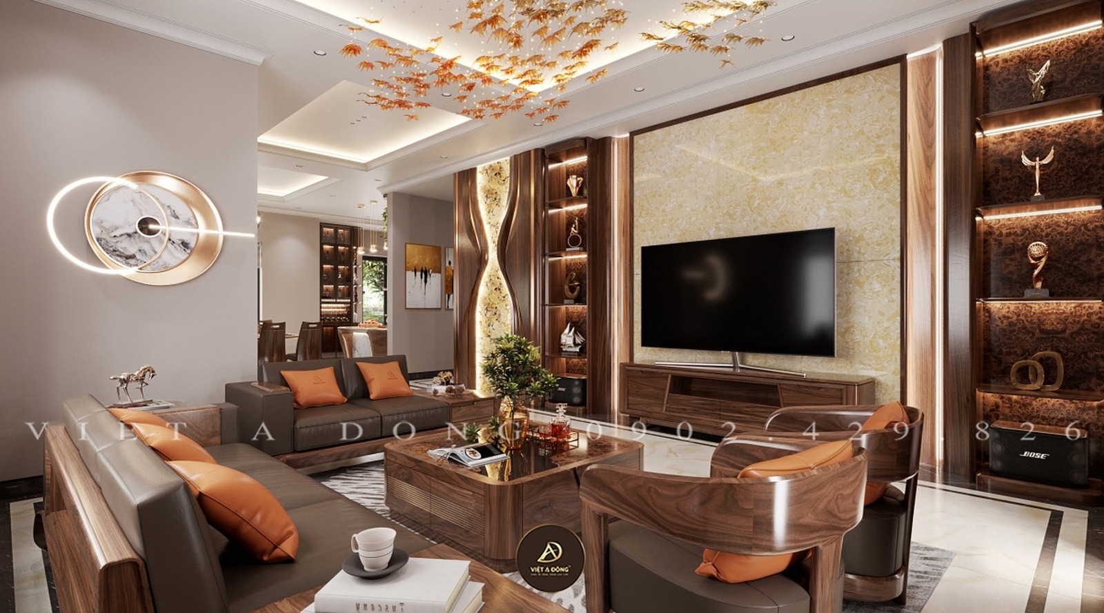 phòng khách gỗ óc chó