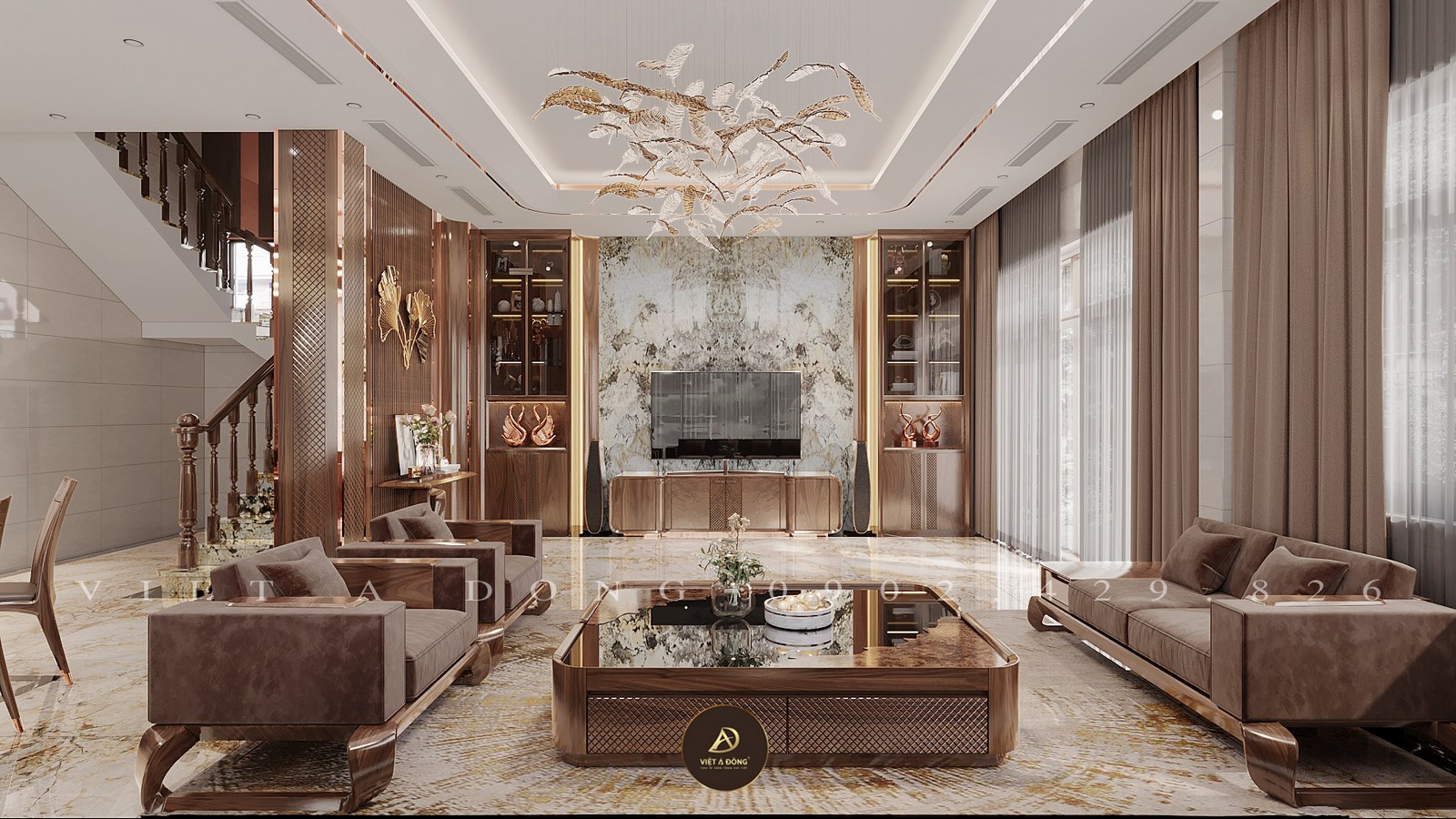 phòng khách gỗ óc chó